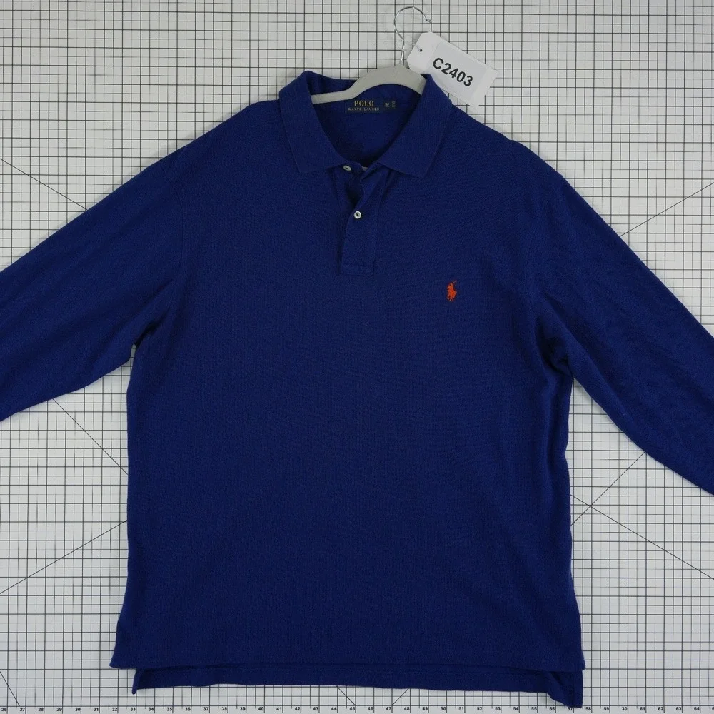 Polo Ralph Lauren Polo Shirt Men's Size XLT Blue Long Sleeve Tall Mesh Orange‎